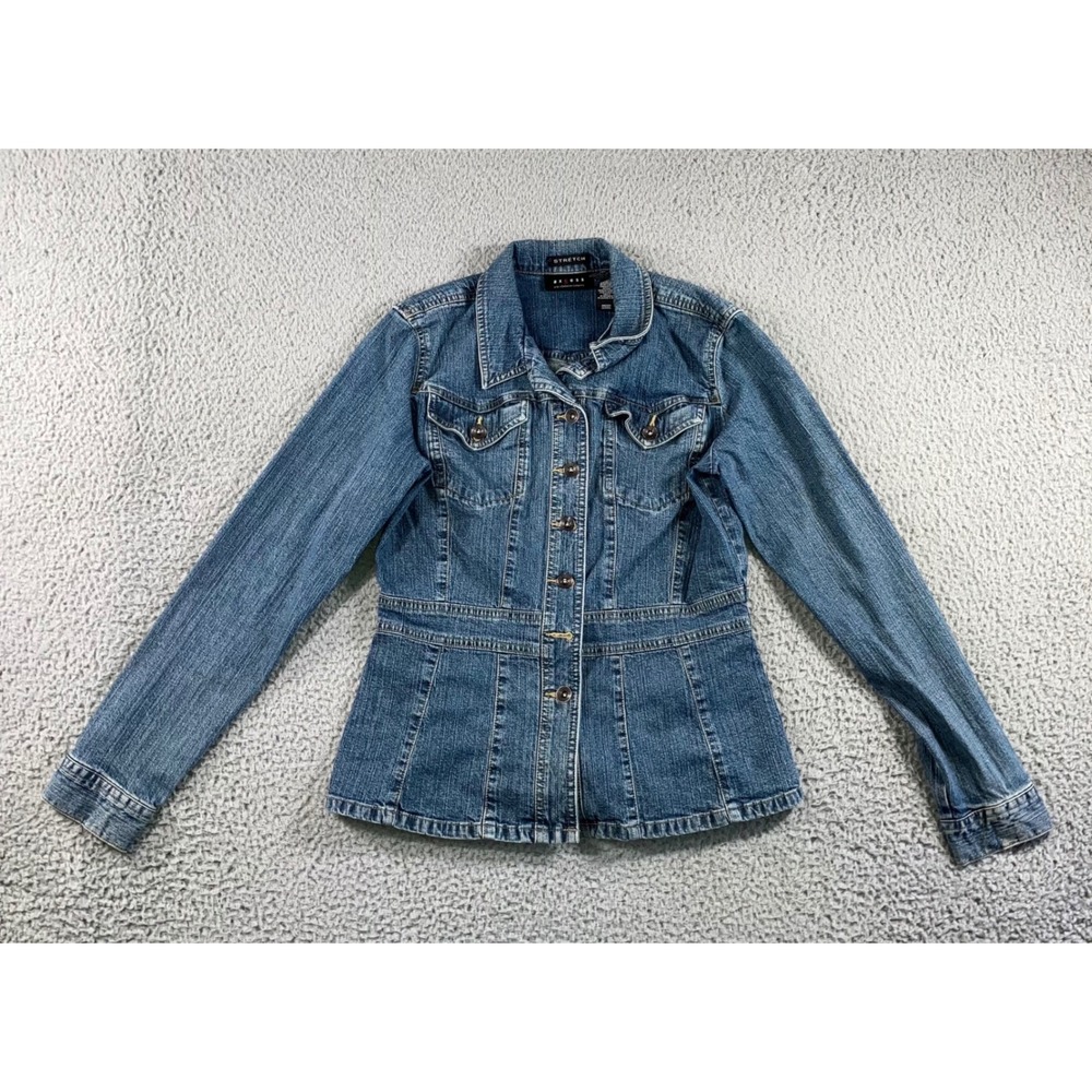 Axcess Denim Jacket Women Medium Blue Stretch Tailored Button Up y2k Peplum Hem - Picture 2 of 10